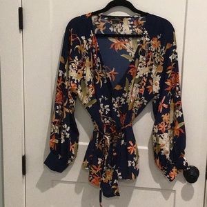 Suzanne Betro Navy Floral Wrap Blouse Size XL